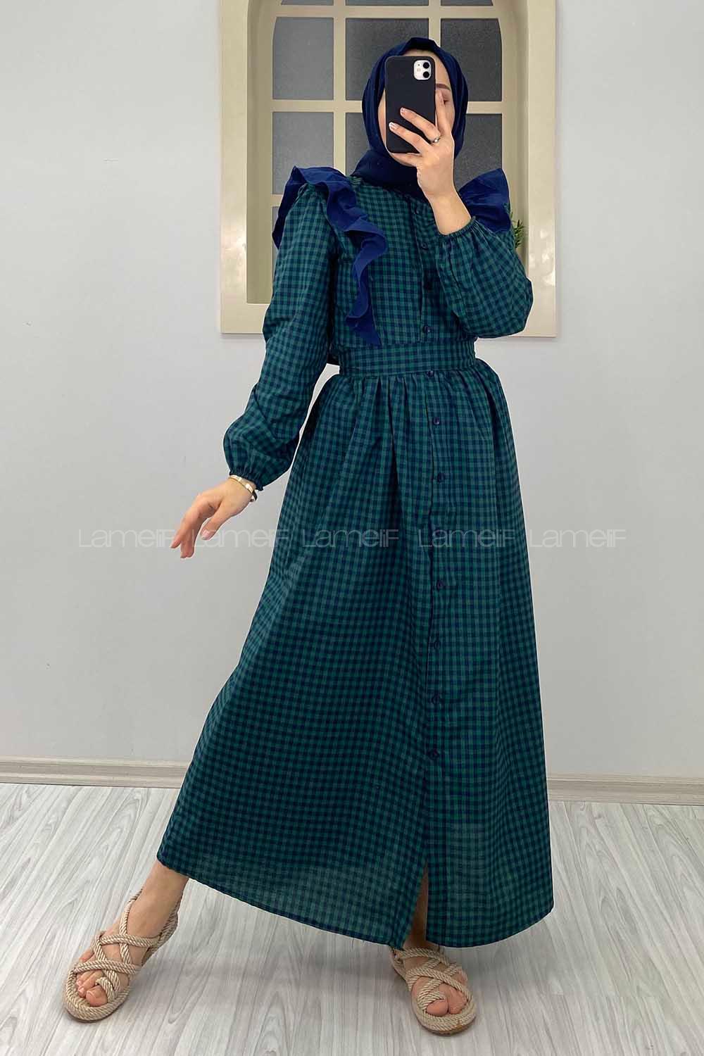 Modalamelif Omuz Fırfırlı Ekose Elbise Yeşil