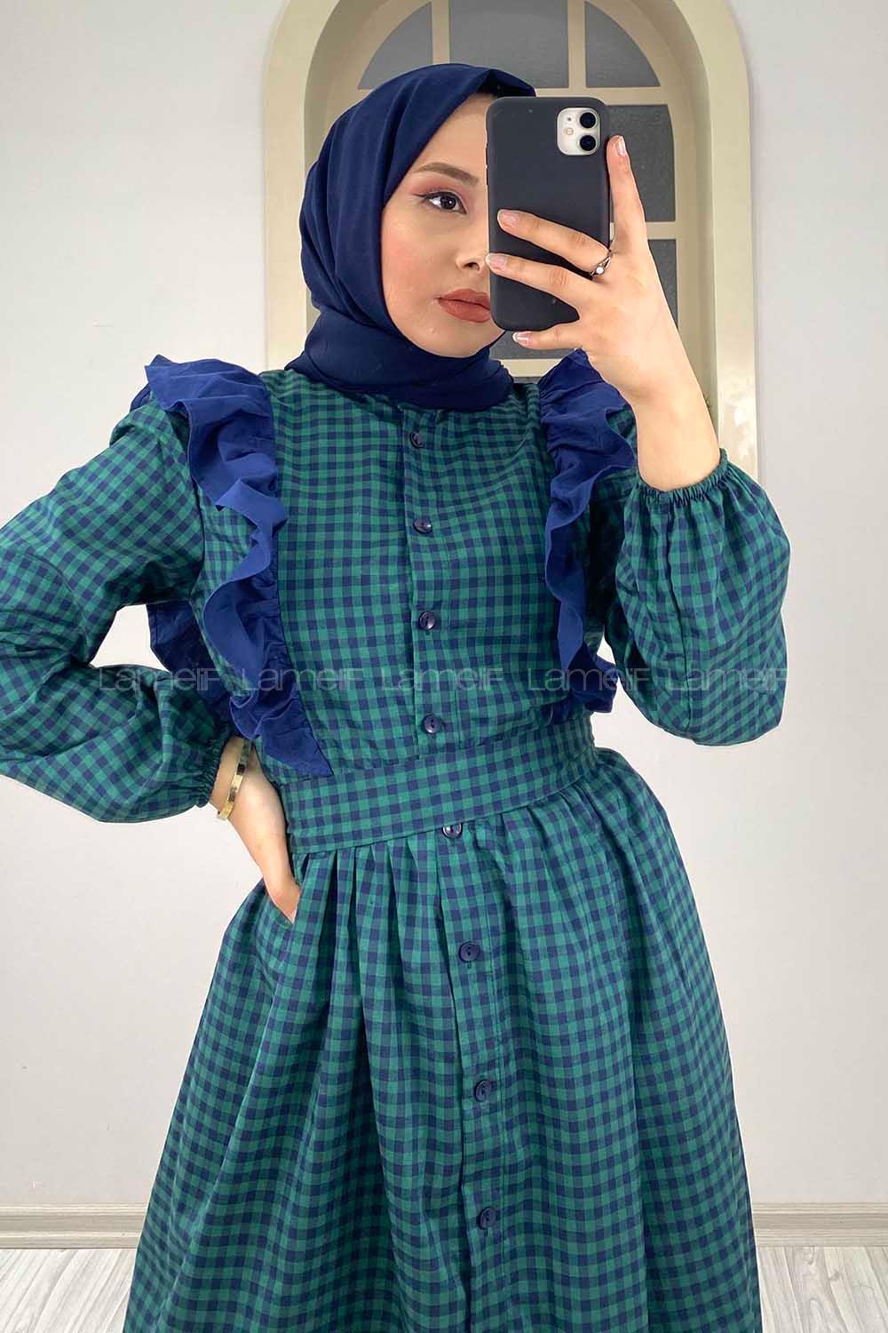 Modalamelif Omuz Fırfırlı Ekose Elbise Yeşil