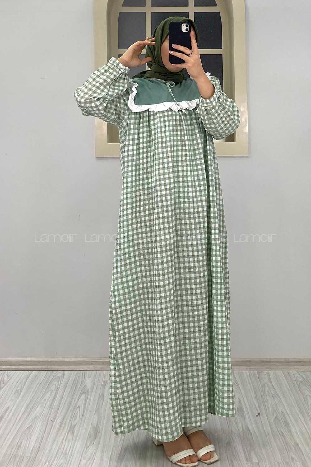 Modalamelif Yaka Bağlamalı Fırfırlı  Elbise Çağla