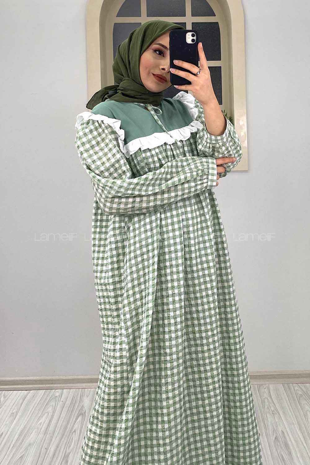 Modalamelif Yaka Bağlamalı Fırfırlı  Elbise Çağla