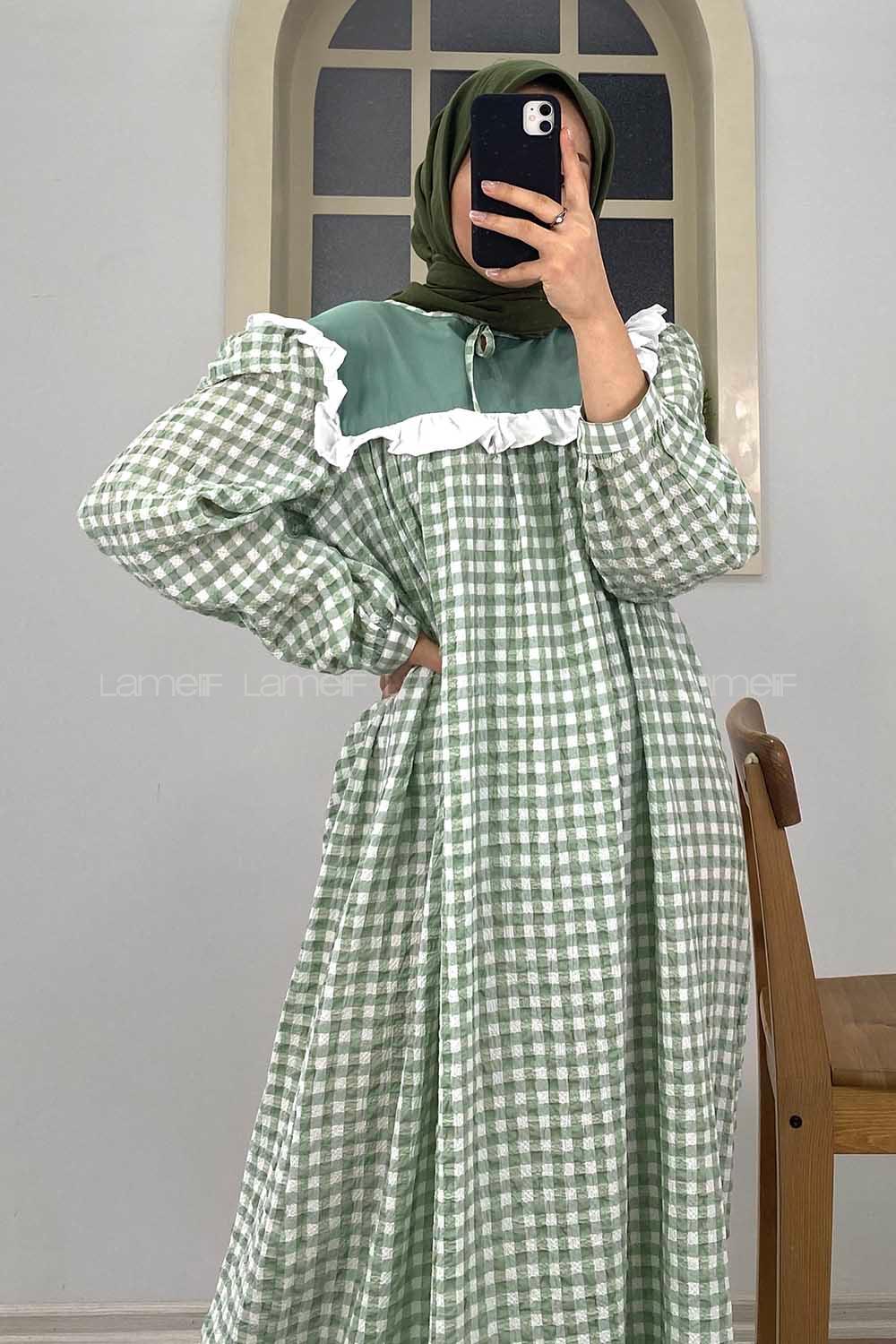 Modalamelif Yaka Bağlamalı Fırfırlı  Elbise Çağla