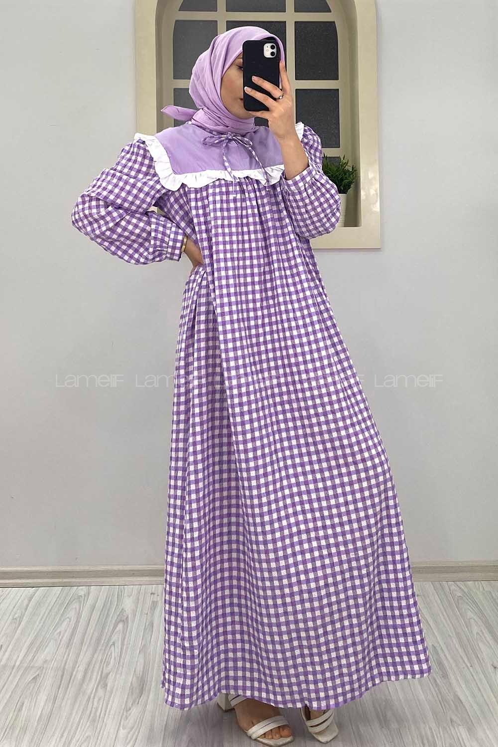 Modalamelif Yaka Bağlamalı Fırfırlı  Elbise Lila