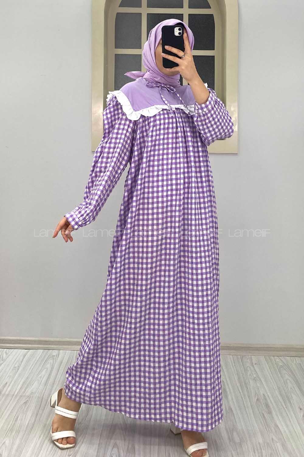 Modalamelif Yaka Bağlamalı Fırfırlı  Elbise Lila