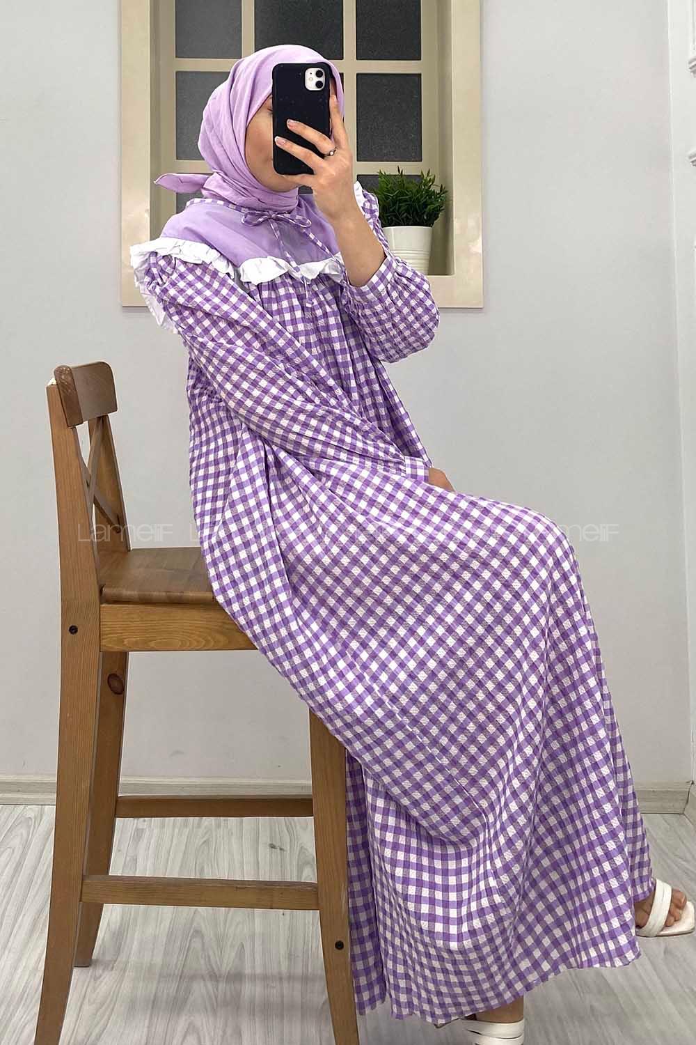 Modalamelif Yaka Bağlamalı Fırfırlı  Elbise Lila