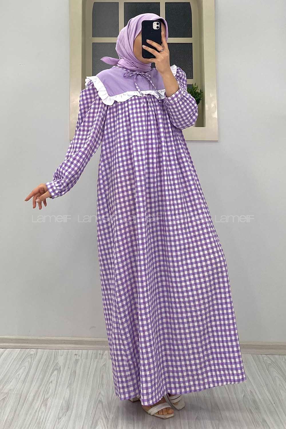 Modalamelif Yaka Bağlamalı Fırfırlı  Elbise Lila