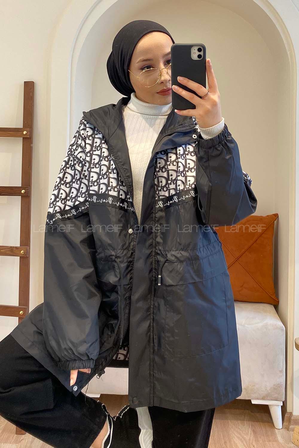 Modalamelif Bel Bağcıklı Kapşonlu Mont Siyah