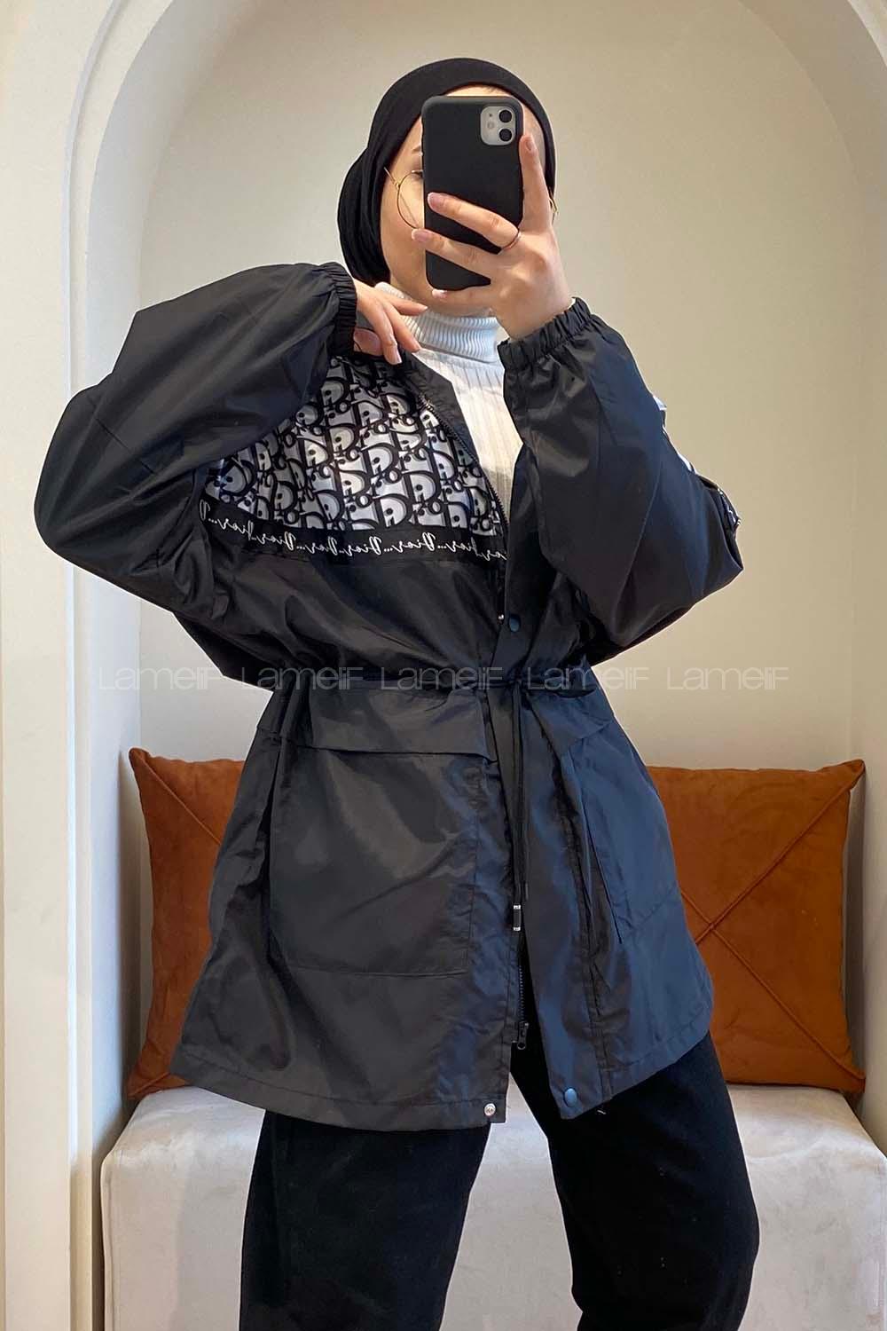 Modalamelif Bel Bağcıklı Kapşonlu Mont Siyah