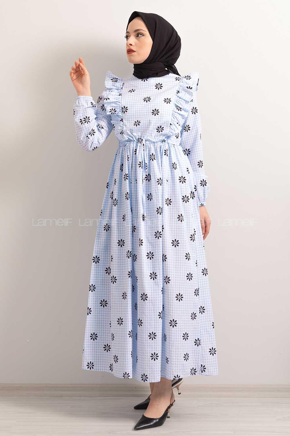 Modalamelif  Bel  Bağcıklı Papatya Desen Elbise Açık Mavi