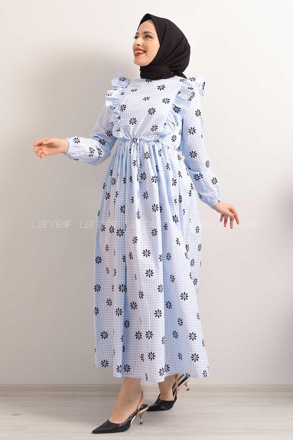 Modalamelif  Bel  Bağcıklı Papatya Desen Elbise Açık Mavi