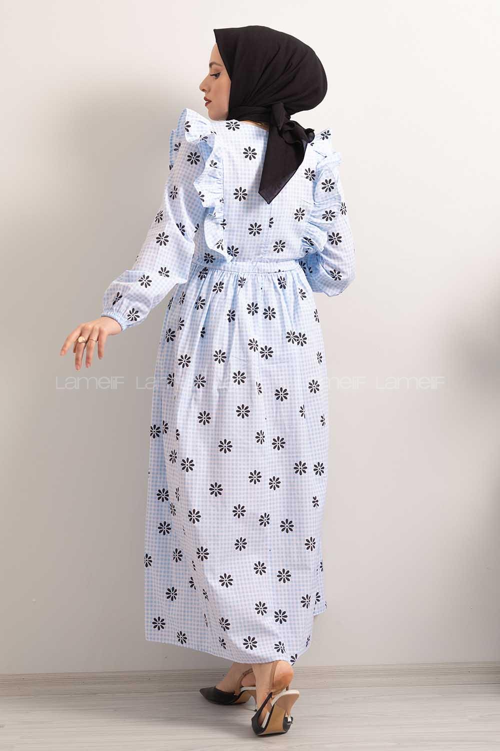 Modalamelif  Bel  Bağcıklı Papatya Desen Elbise Açık Mavi