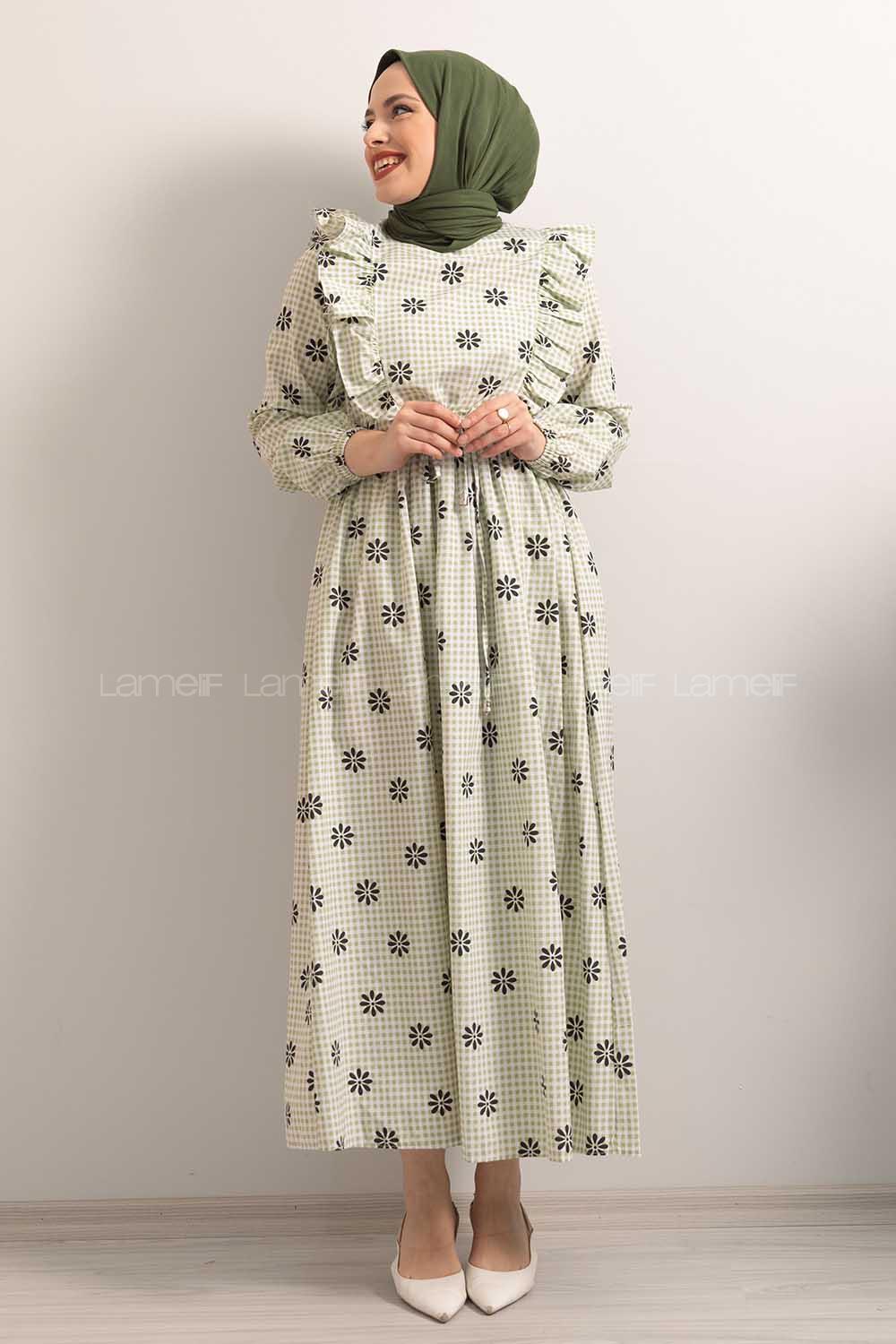 Modalamelif  Bel  Bağcıklı Papatya Desen Elbise Çağla Yeşili