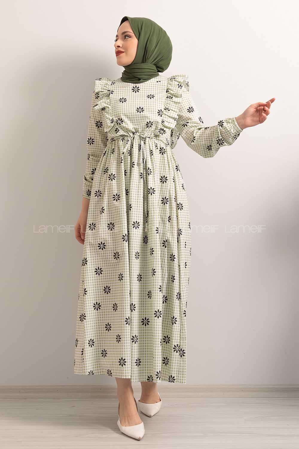 Modalamelif  Bel  Bağcıklı Papatya Desen Elbise Çağla Yeşili