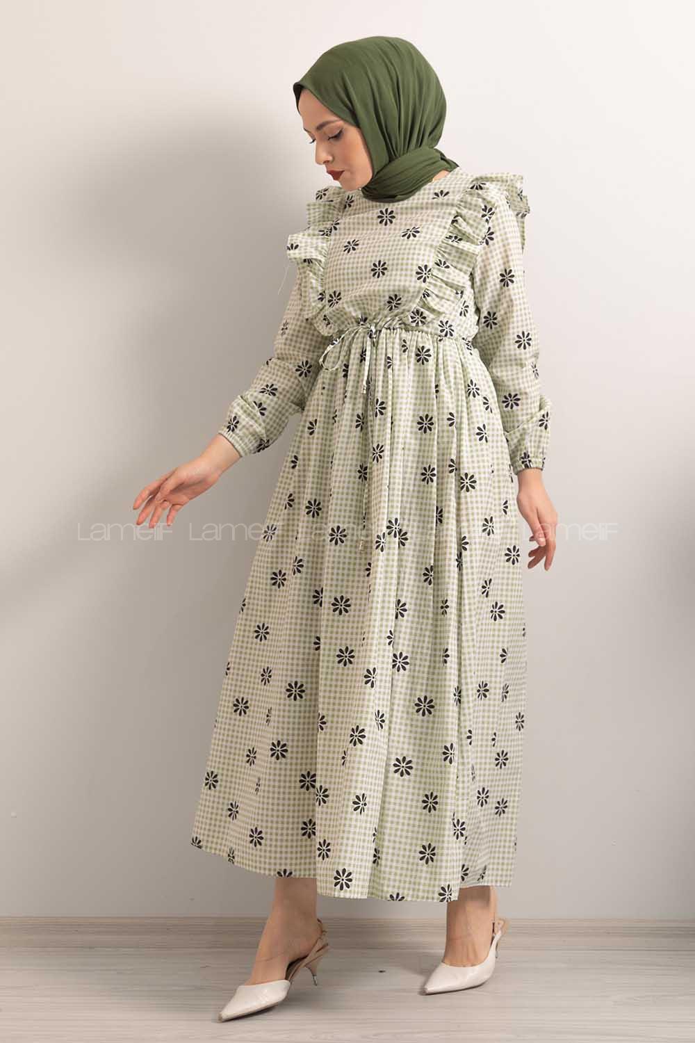 Modalamelif  Bel  Bağcıklı Papatya Desen Elbise Çağla Yeşili