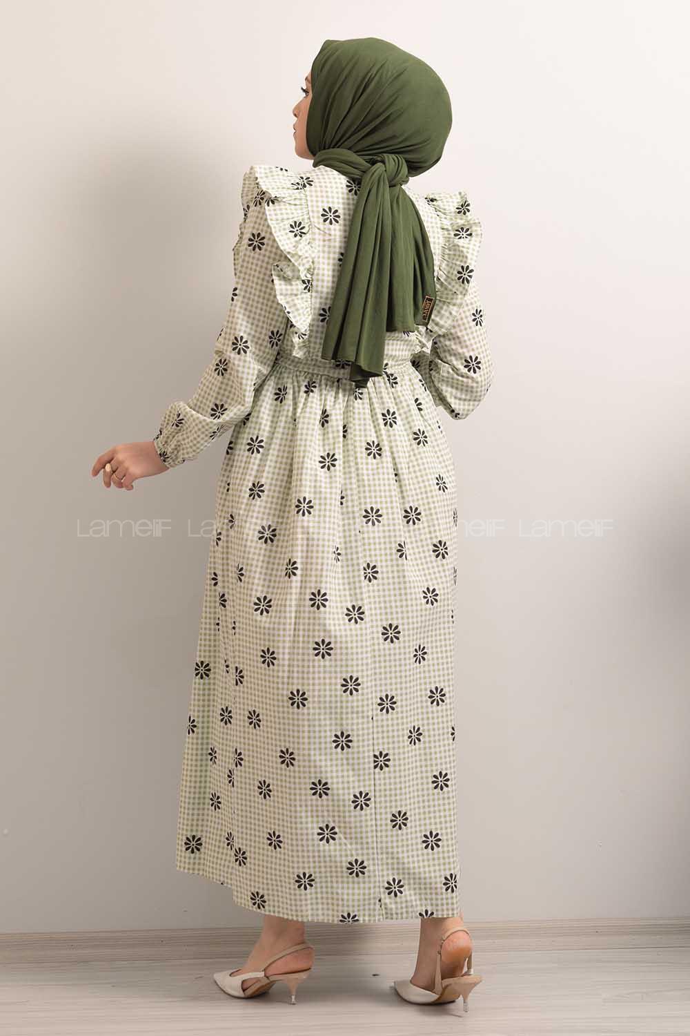 Modalamelif  Bel  Bağcıklı Papatya Desen Elbise Çağla Yeşili