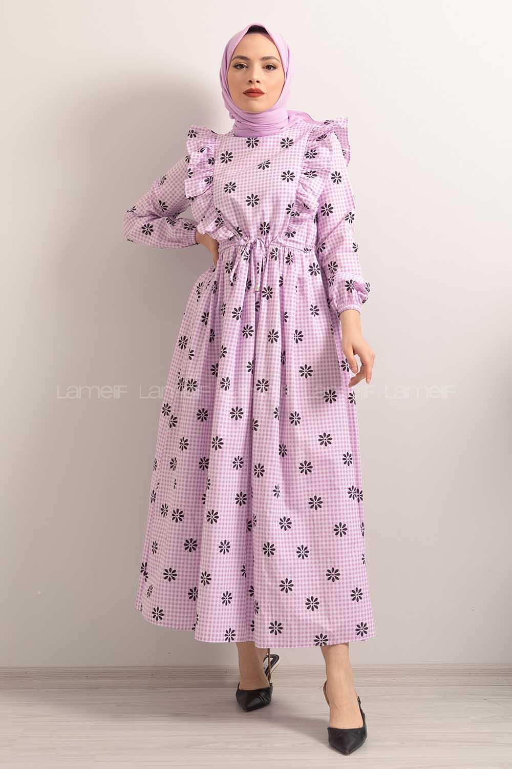 Modalamelif  Bel  Bağcıklı Papatya Desen Elbise Lila
