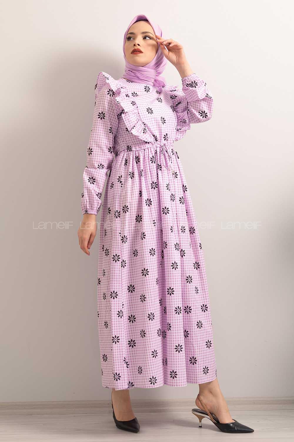 Modalamelif  Bel  Bağcıklı Papatya Desen Elbise Lila