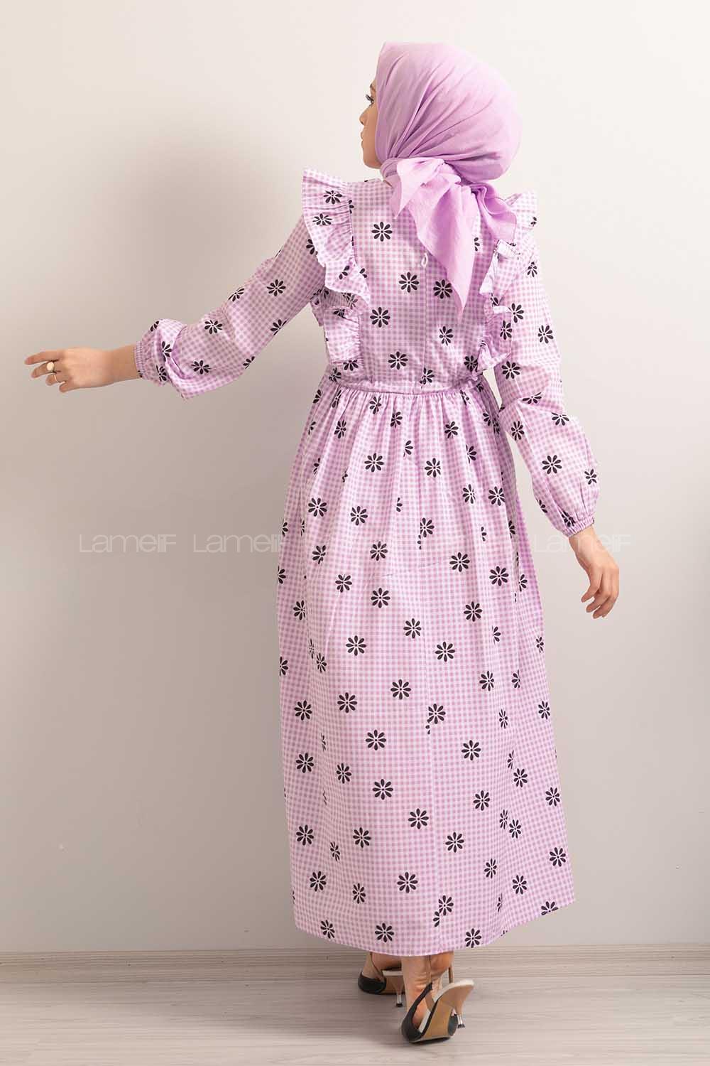 Modalamelif  Bel  Bağcıklı Papatya Desen Elbise Lila