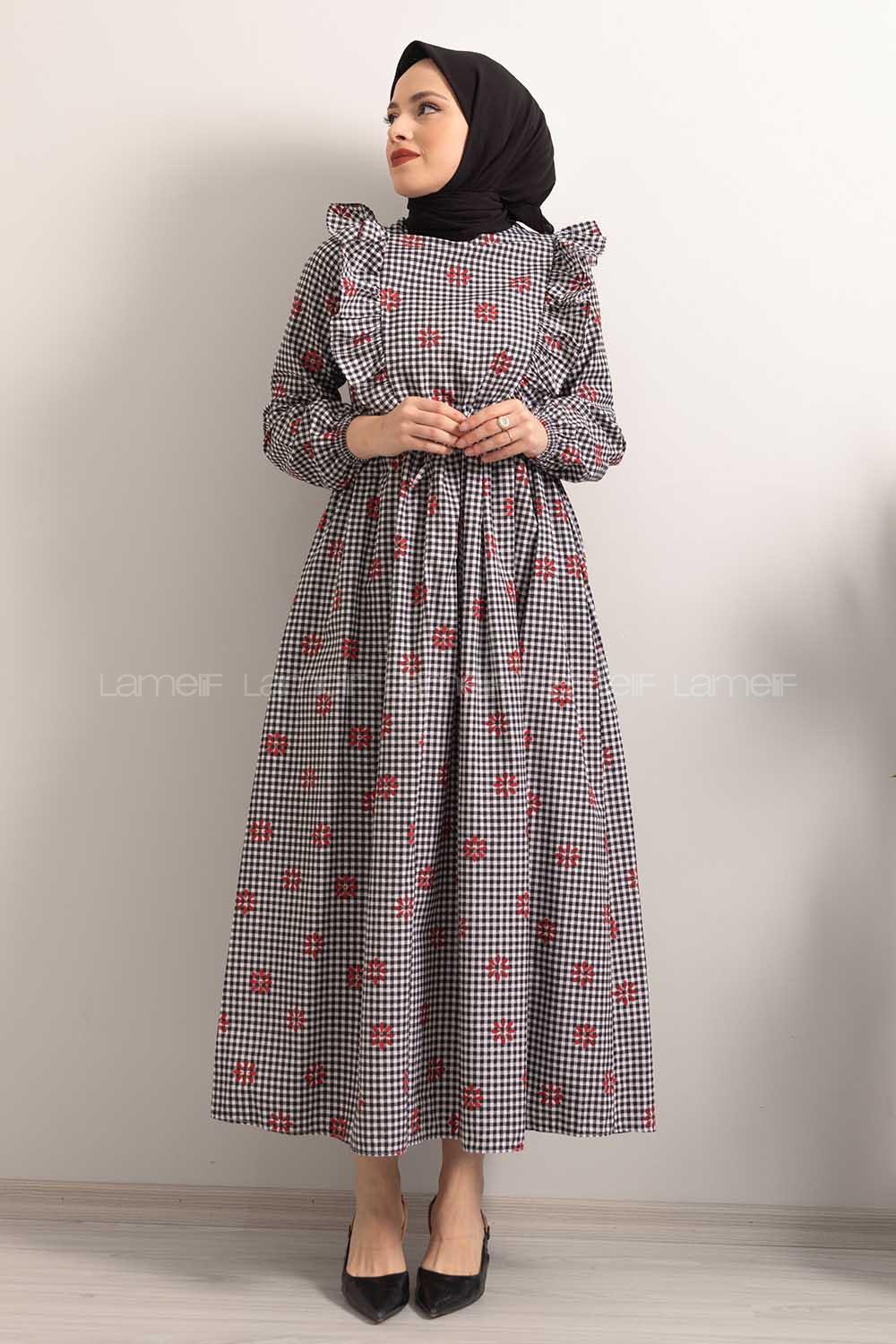 Modalamelif  Bel  Bağcıklı Papatya Desen Elbise Siyah