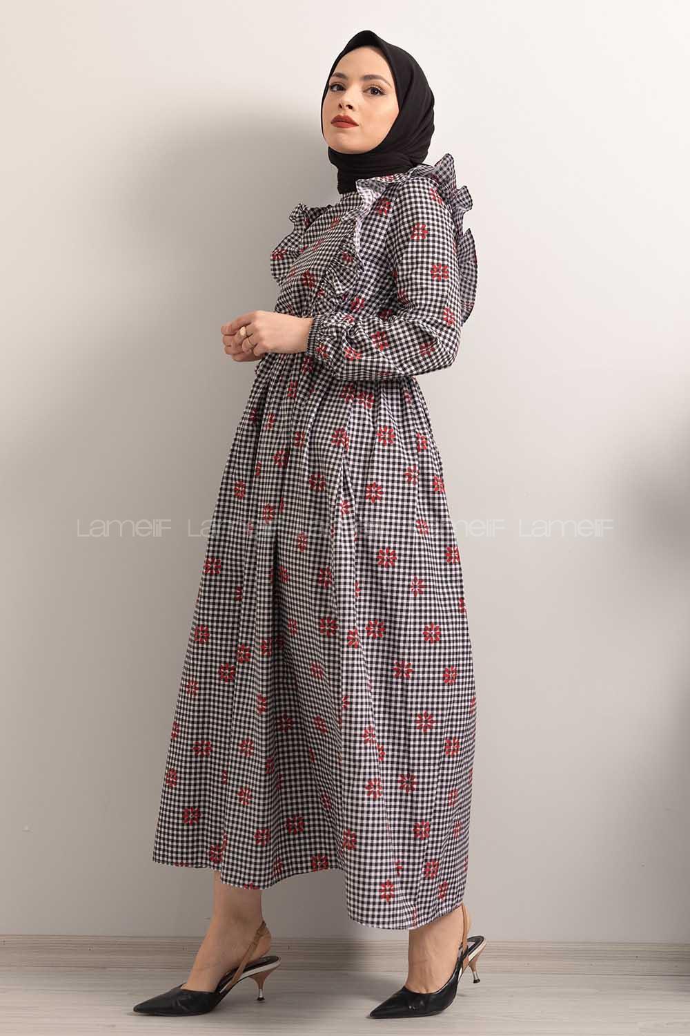 Modalamelif  Bel  Bağcıklı Papatya Desen Elbise Siyah