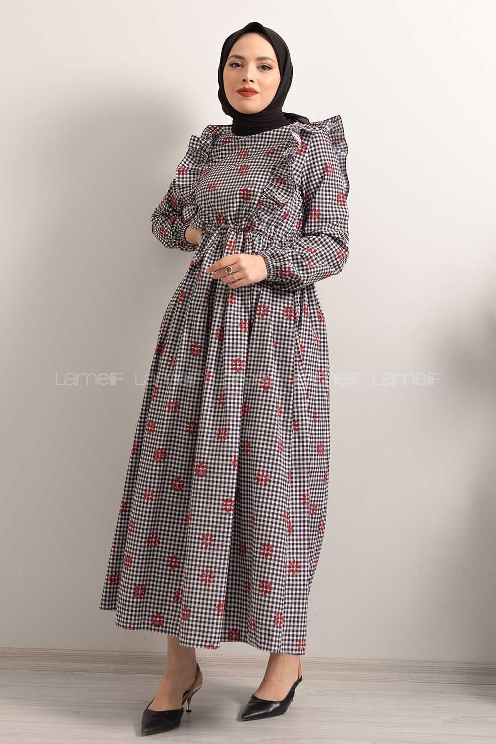 Modalamelif  Bel  Bağcıklı Papatya Desen Elbise Siyah