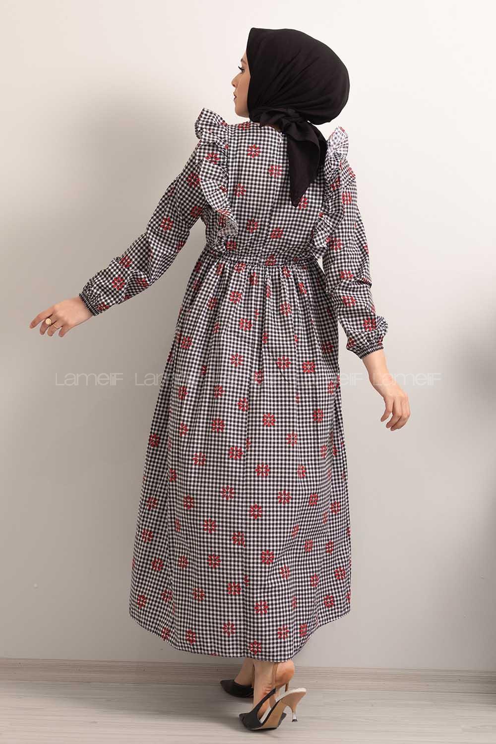 Modalamelif  Bel  Bağcıklı Papatya Desen Elbise Siyah