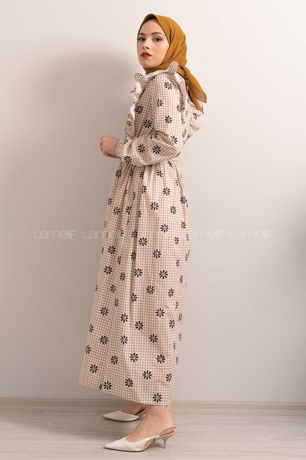 Modalamelif  Bel  Bağcıklı Papatya Desen Elbise Sütlü Kahve