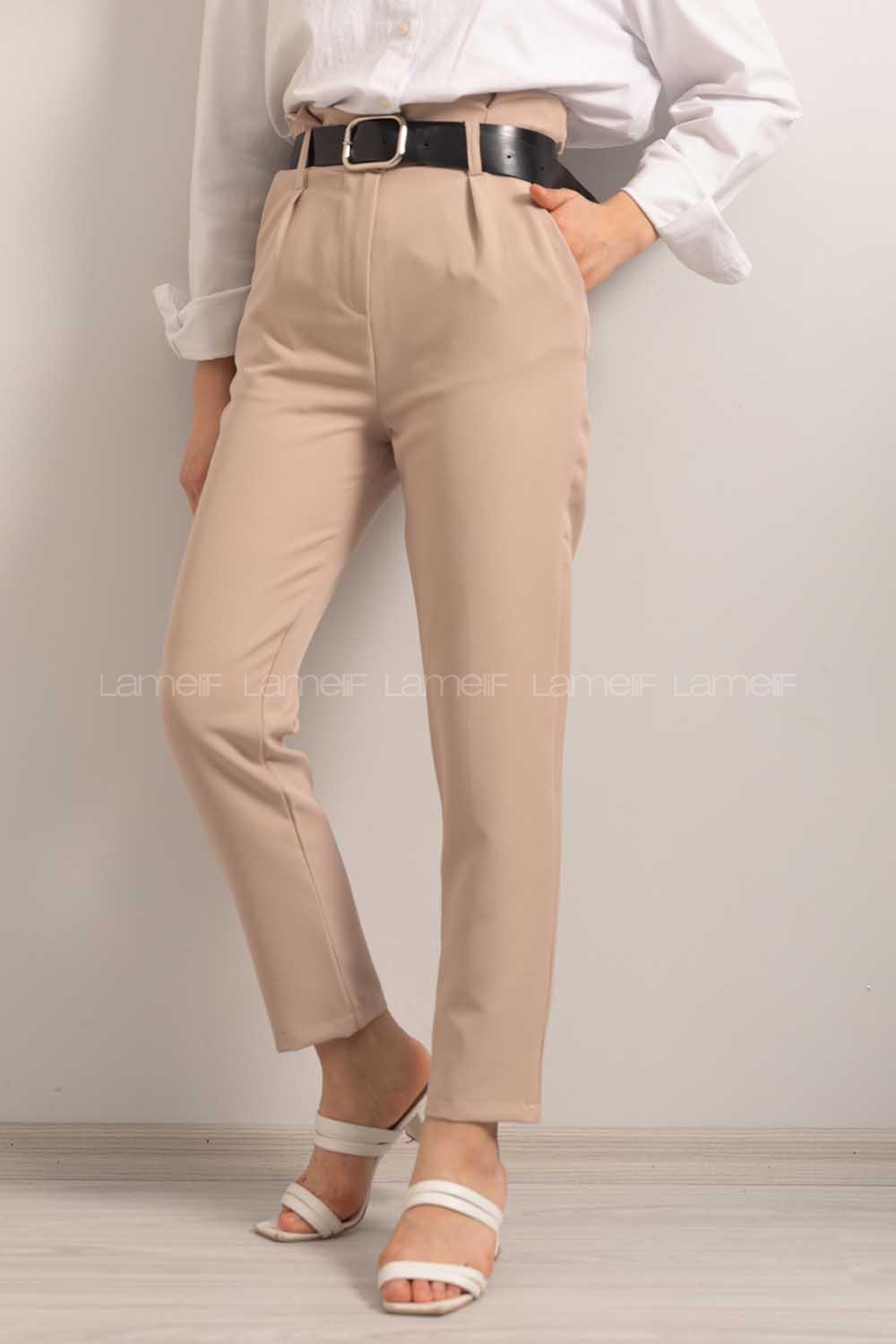 Modalamelif Deri Kemerli Pantolon Bej