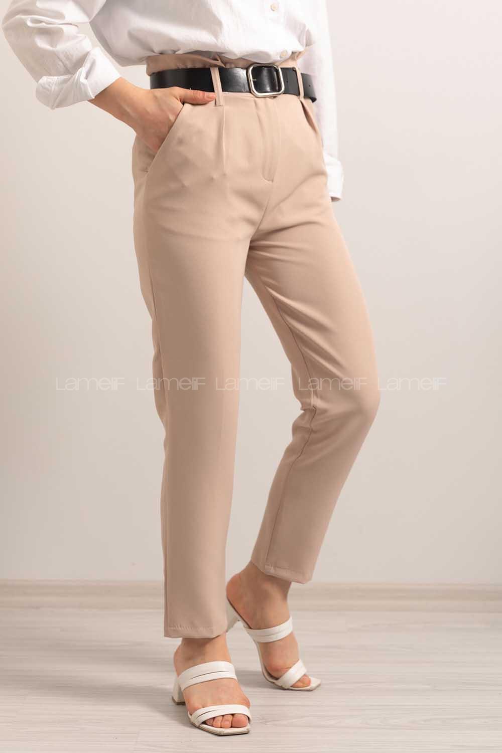 Modalamelif Deri Kemerli Pantolon Bej