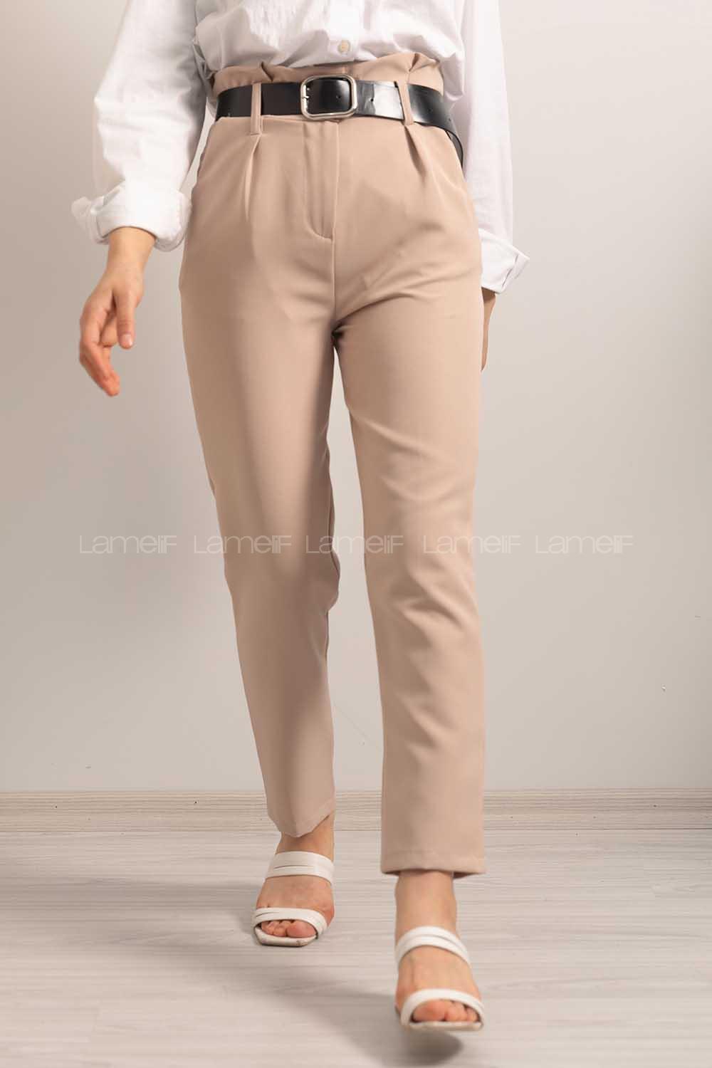 Modalamelif Deri Kemerli Pantolon Bej