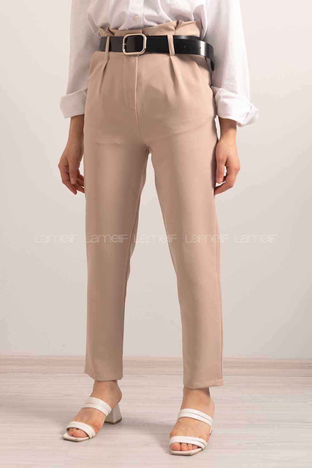 Modalamelif Deri Kemerli Pantolon Bej