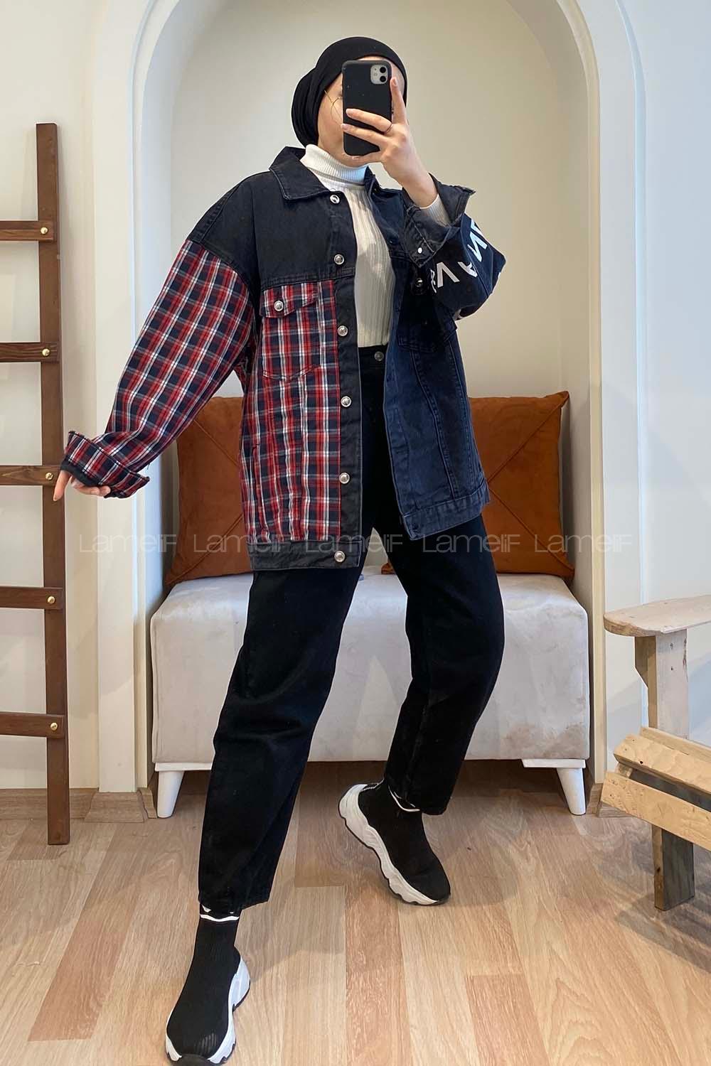 Modalamelif Ekose Garnili Kol Baskılı Ceket Kırmızı