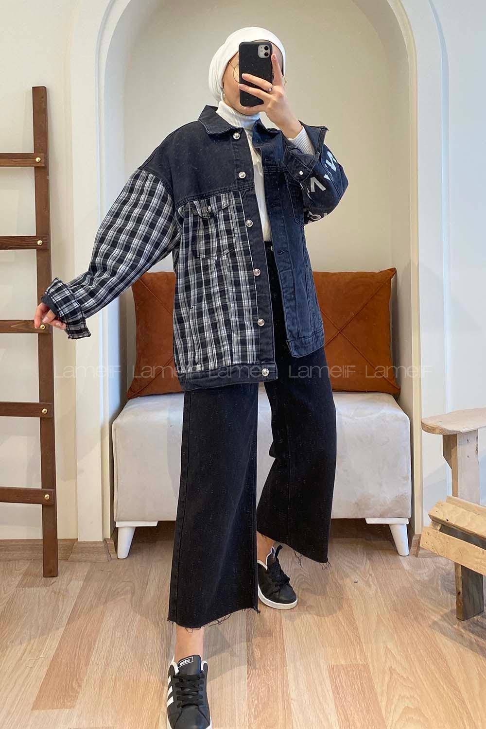 Modalamelif Ekose Garnili Kol Baskılı Ceket Siyah Beyaz