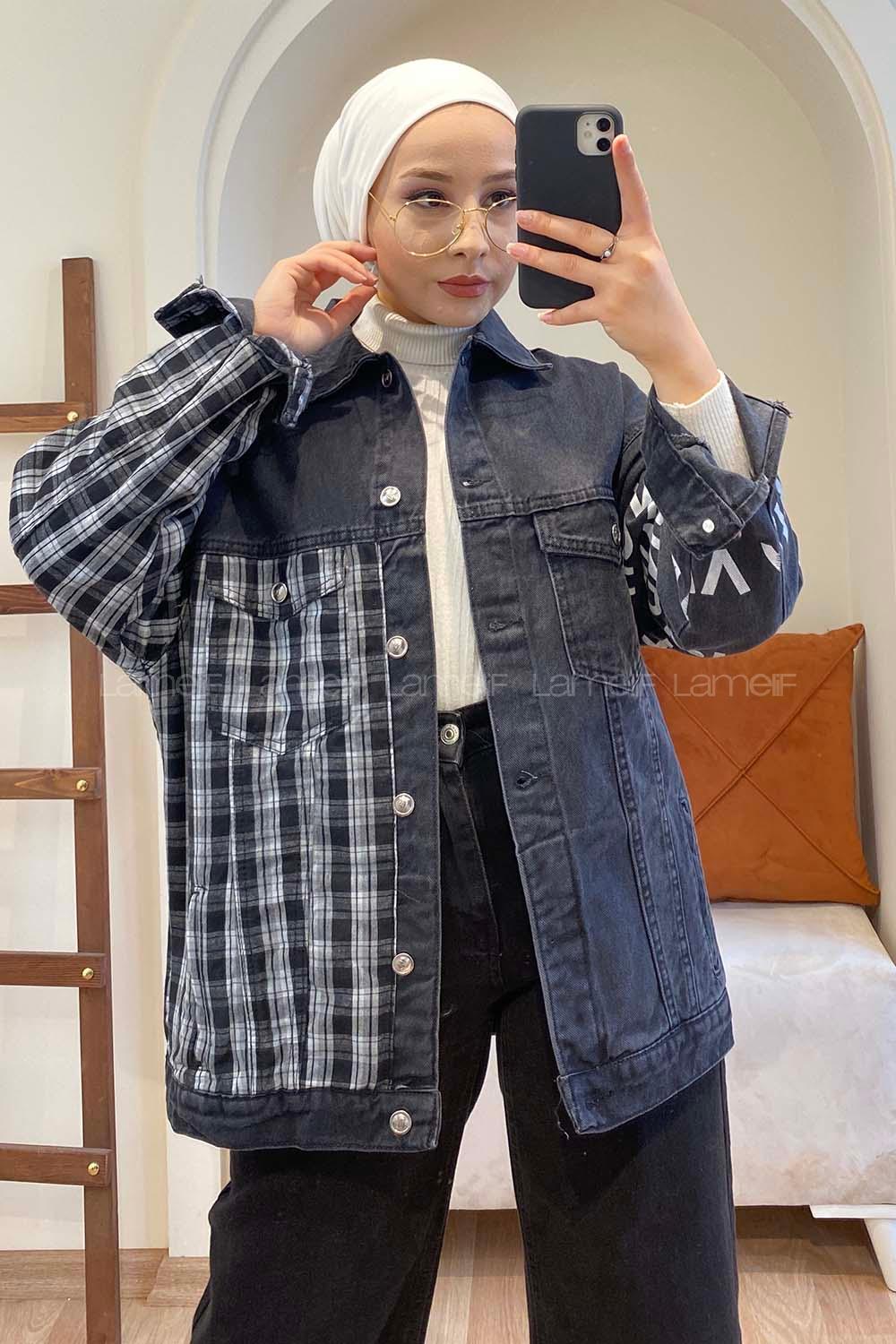 Modalamelif Ekose Garnili Kol Baskılı Ceket Siyah Beyaz