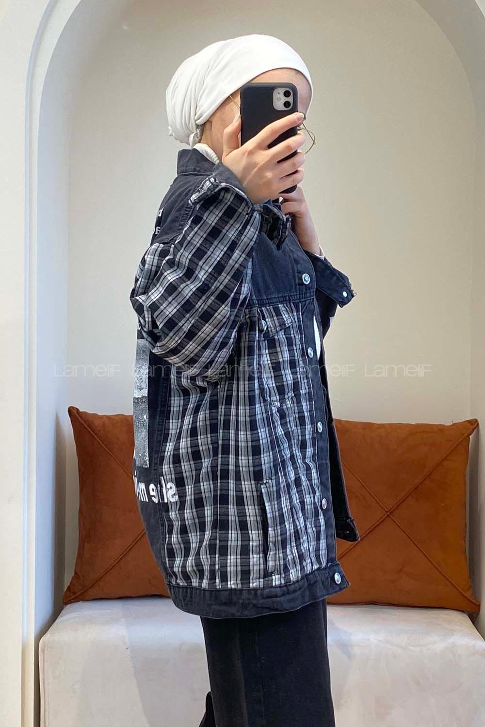 Modalamelif Ekose Garnili Kol Baskılı Ceket Siyah Beyaz