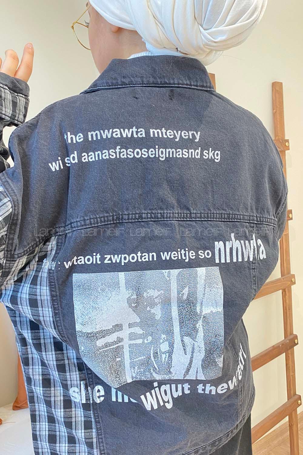 Modalamelif Ekose Garnili Kol Baskılı Ceket Siyah Beyaz