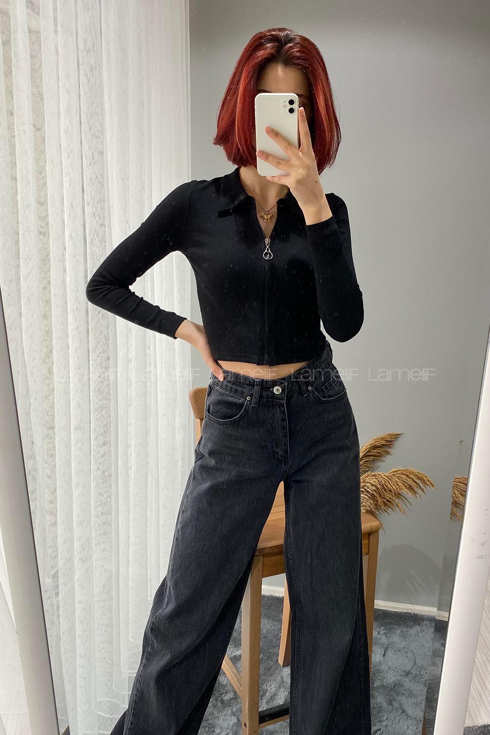 Modalamelif Fermuarlı Kaşkorse Crop Bluz Siyah