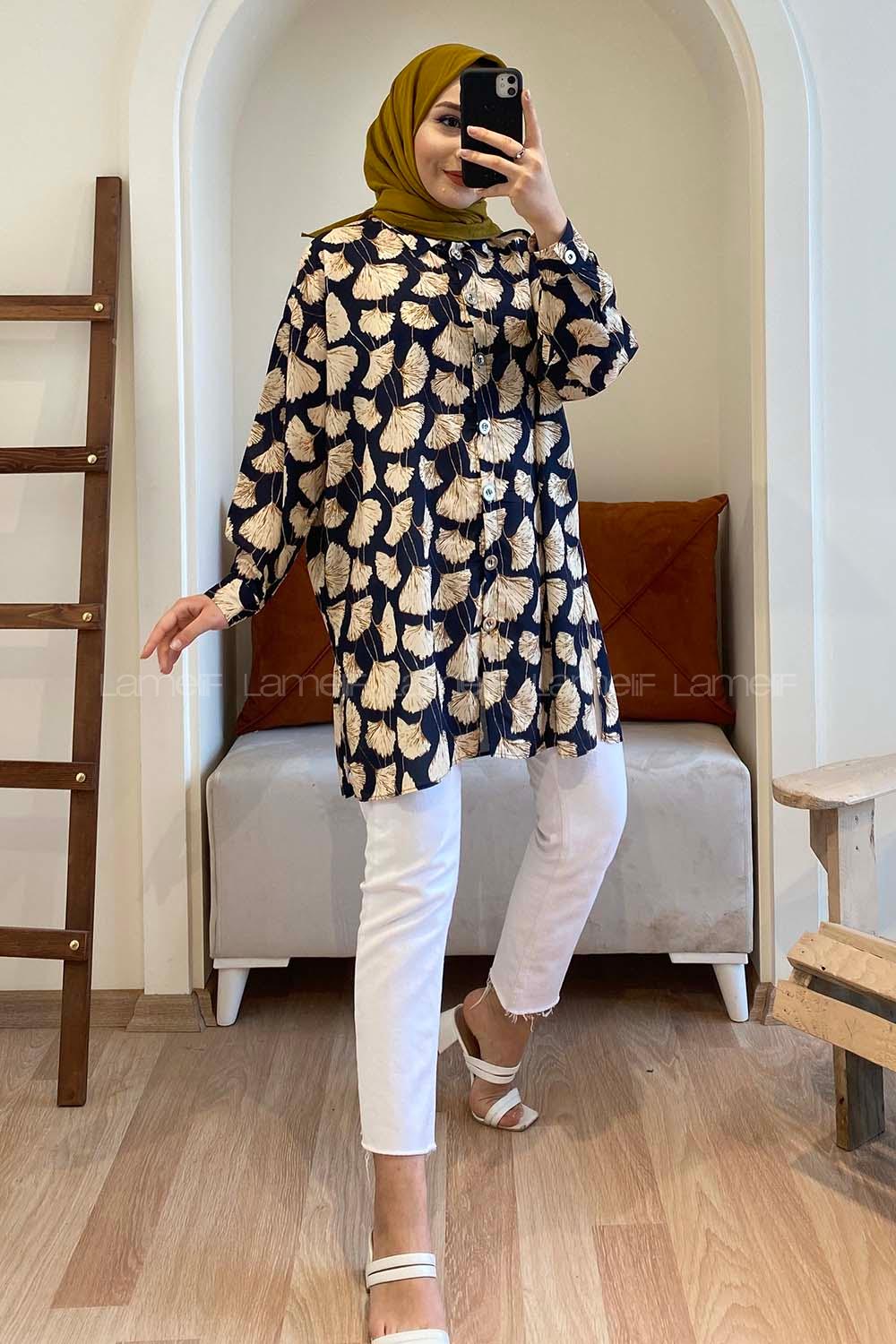 Modalamelif Gelincik Desen Dijital Baskı Gömlek Lacivert