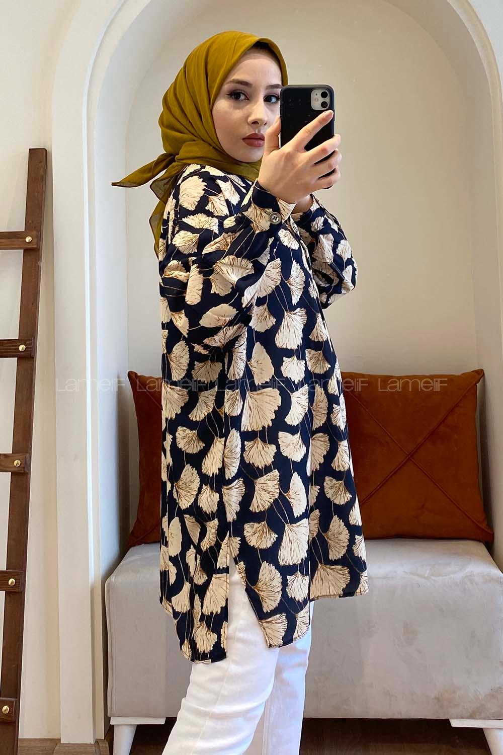 Modalamelif Gelincik Desen Dijital Baskı Gömlek Lacivert