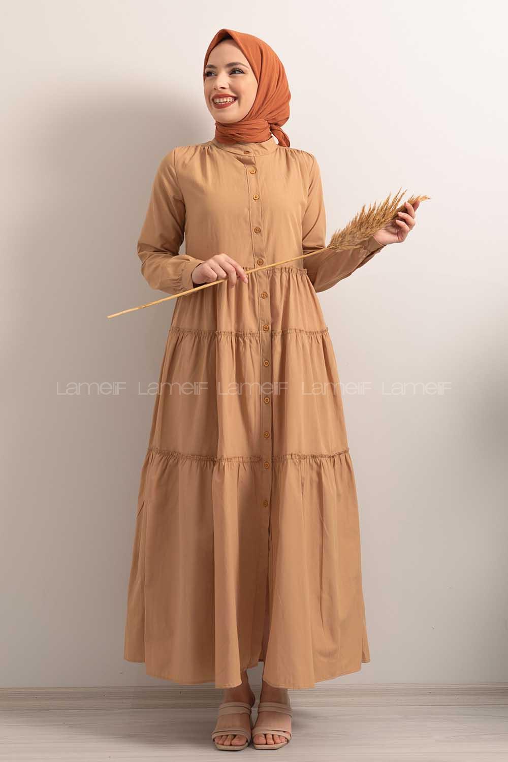 Modalamelif Hakim Yaka Fırfırlı Elbise Camel