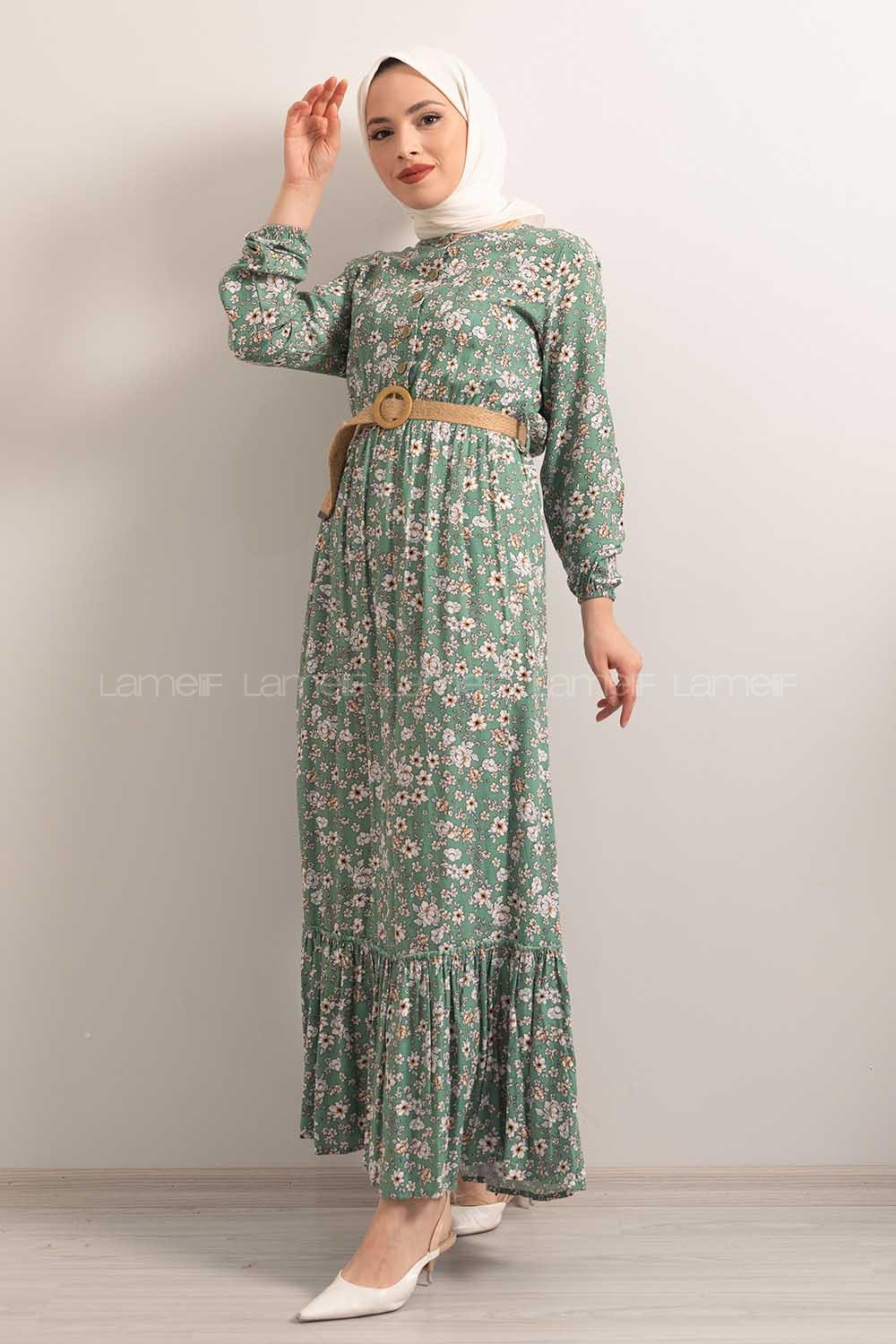 Modalamelif Hasır Kemerli Çiçek Desenli Çağla Yeşili