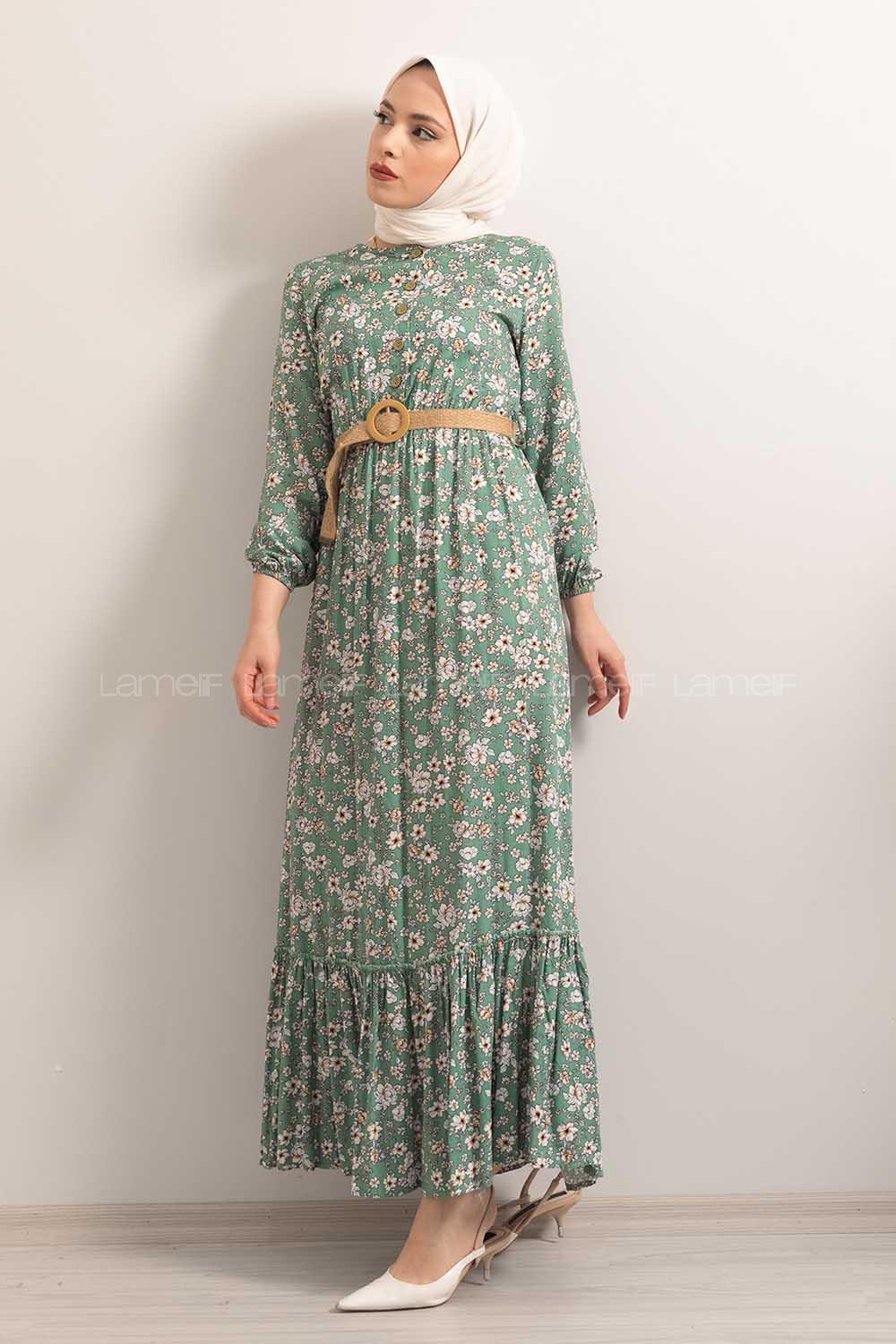 Modalamelif Hasır Kemerli Çiçek Desenli Çağla Yeşili