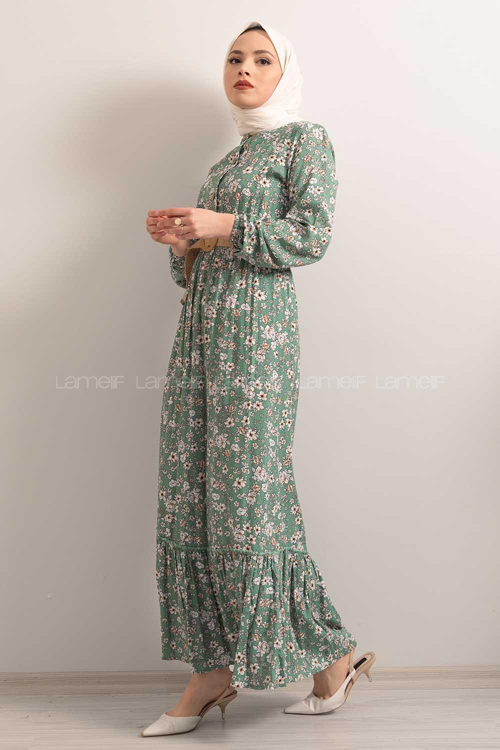 Modalamelif Hasır Kemerli Çiçek Desenli Çağla Yeşili