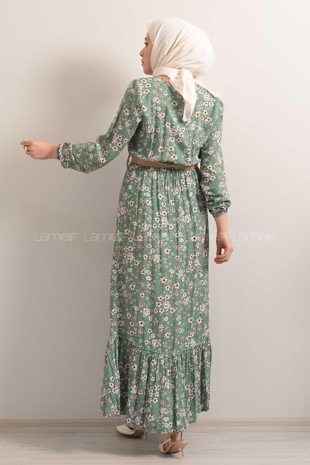 Modalamelif Hasır Kemerli Çiçek Desenli Çağla Yeşili