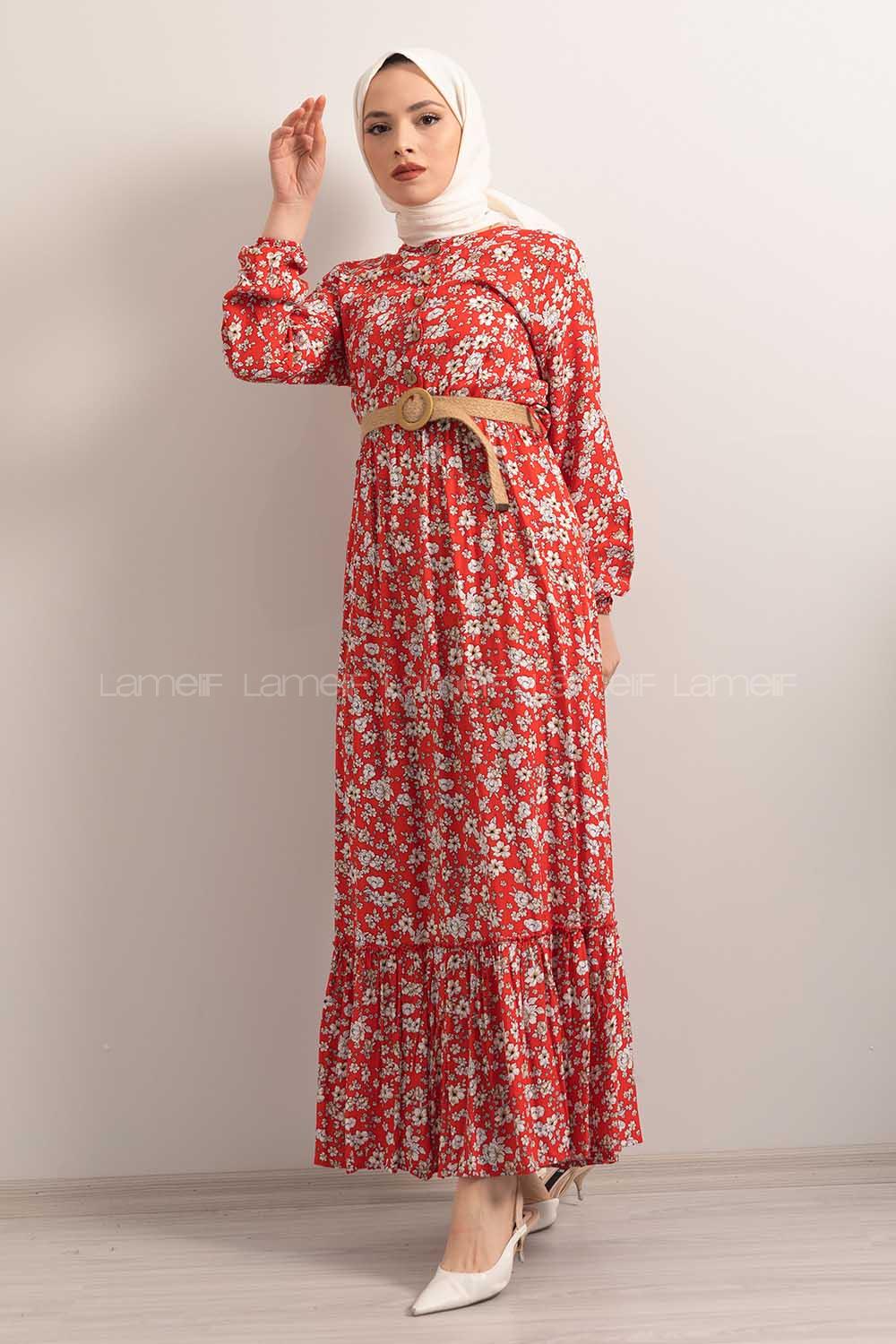 Modalamelif Hasır Kemerli Çiçek Desenli Kırmızı