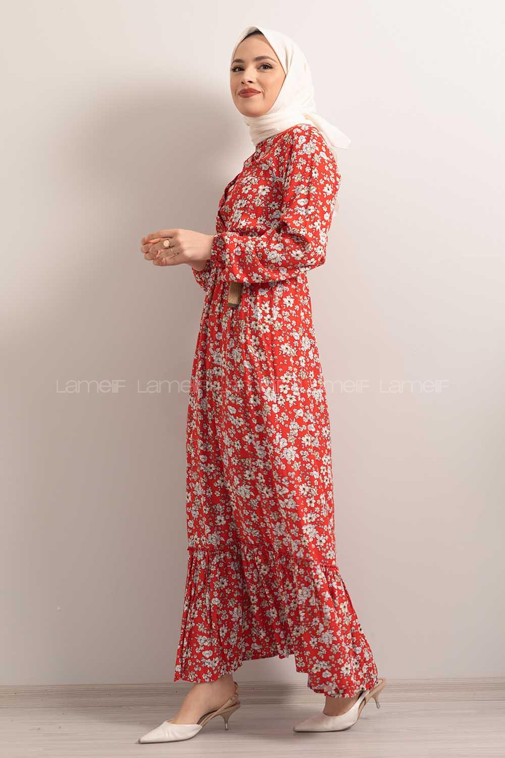 Modalamelif Hasır Kemerli Çiçek Desenli Kırmızı