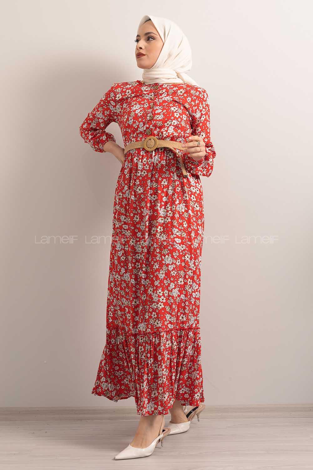 Modalamelif Hasır Kemerli Çiçek Desenli Kırmızı