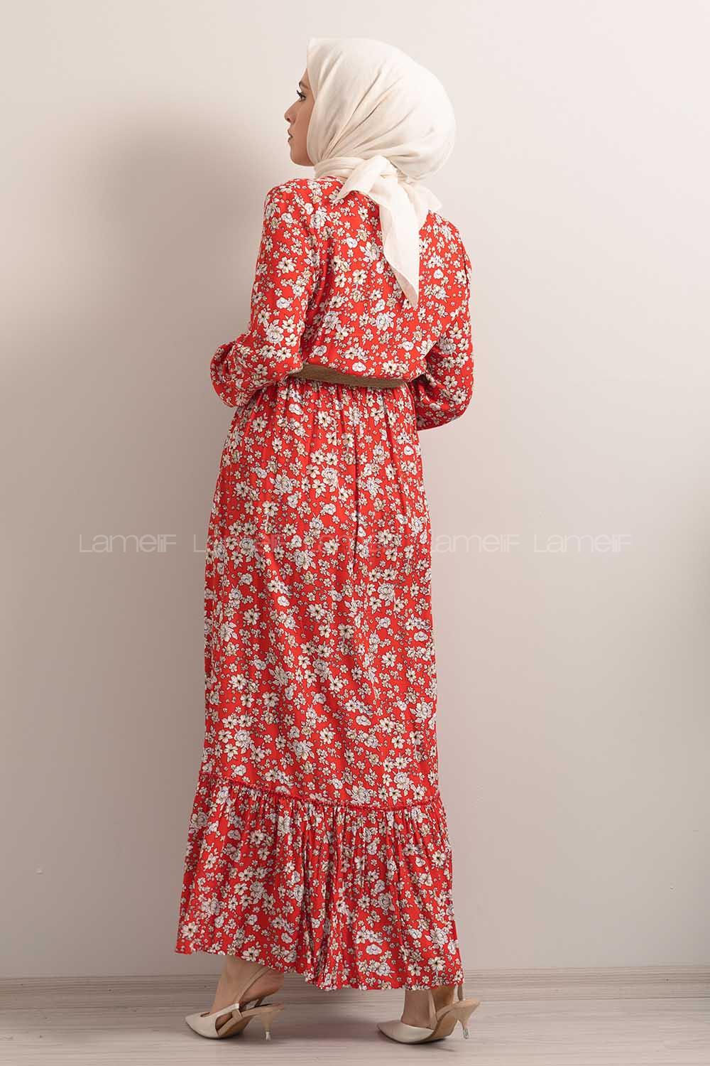 Modalamelif Hasır Kemerli Çiçek Desenli Kırmızı