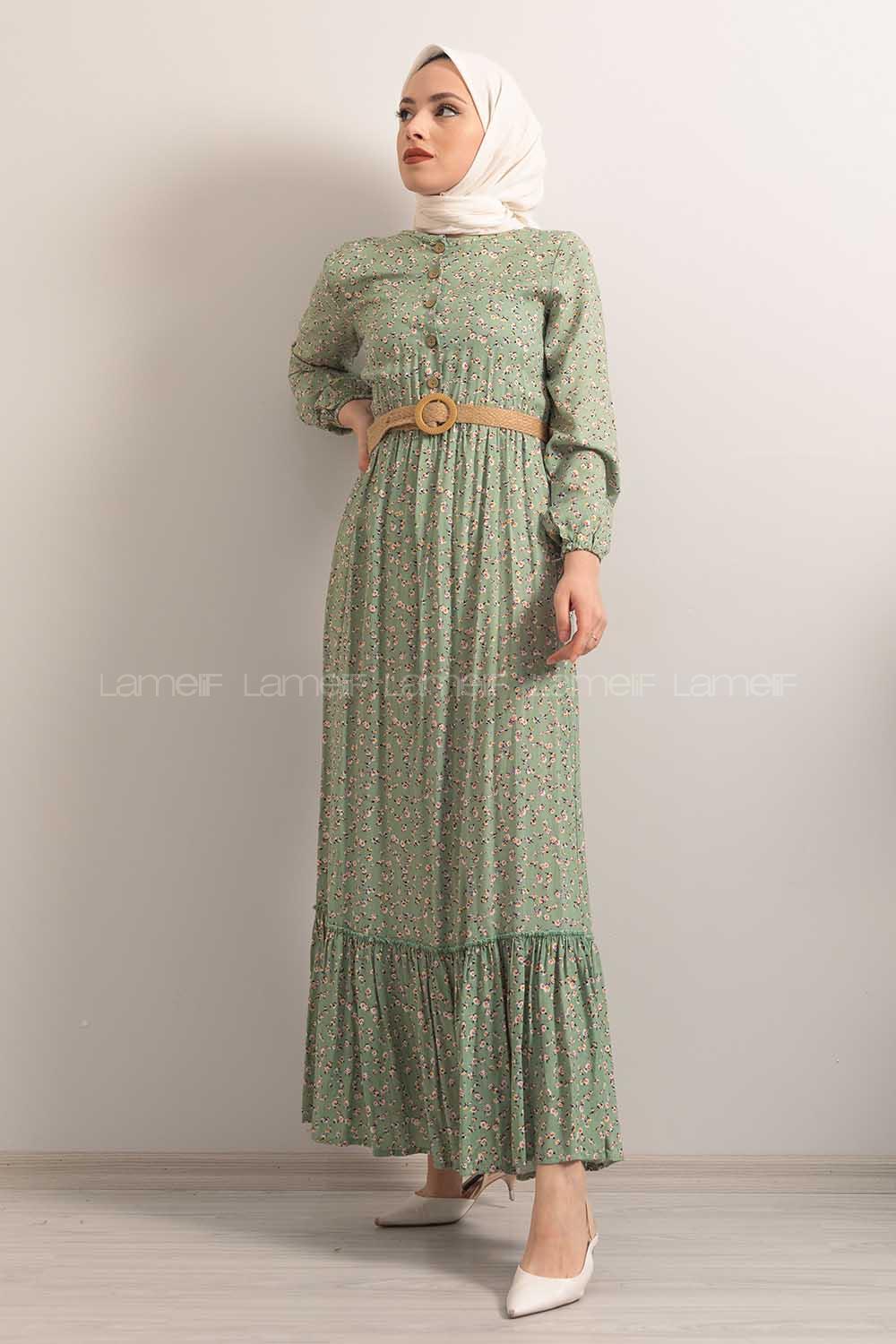 Modalamelif Hasır Kemerli Minimal Papatya Desen Elbise Çağla