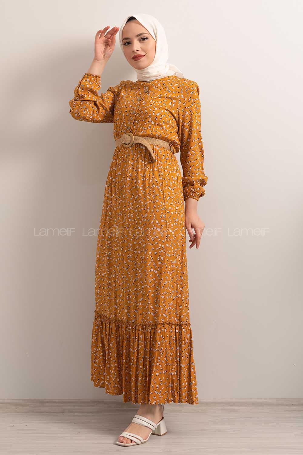 Modalamelif Hasır Kemerli Minimal Papatya Desen Elbise Hardal