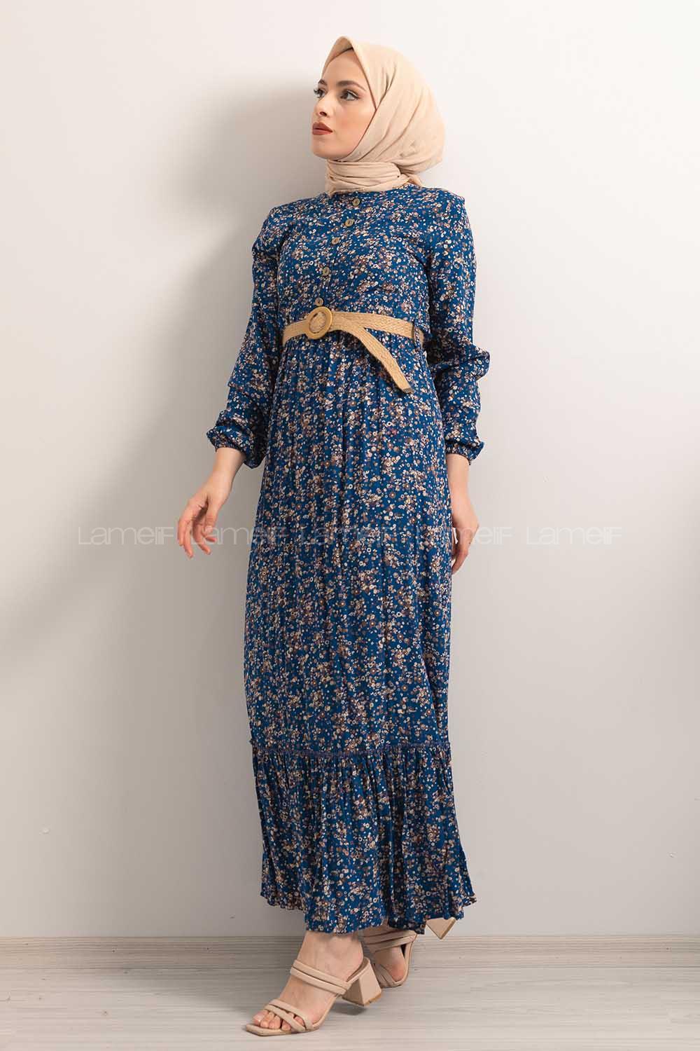 Modalamelif Hasır Kemerli Minimal Papatya Desen Elbise İndigo